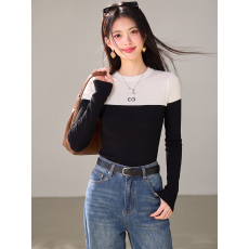 批发实拍◆秋季内搭设计感小众修身长袖针织女上衣拼色<b class='q'>显瘦</b>毛衣