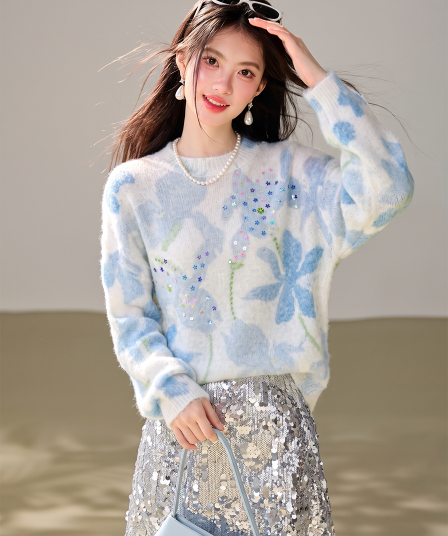 실사 있음 2026 년 가을 디자인 센스 창의성 비즈 박기 라운드 넥 풀오버 슬림해 보이는 긴팔 니트 스웨터 맨위