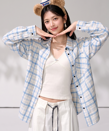 실사 한 부서 파란색 체크무늬 자외선 차단 긴팔 여성 셔츠 감기 센스 루즈핏 캐주얼 체크무늬 셔츠