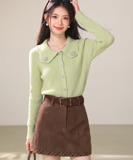 실사 부드러운 바람 한 부서 달콤함 베이비 칼라 진주 버클 니트 오픈 가디건 여성 분위기 센스 스웨터 코트