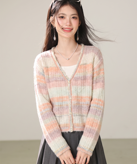 실사 부드러운 느긋한 바람 빛 럭셔리 슬림해 보이는 2026 년 가을 새로운 고유 한 그라데이션 배색 V넥 긴팔