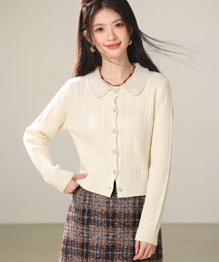 실사 레트로 폴로 칼라 니트 긴 소매 오픈 가디건 2026 가을 miu 부서 디자인 센스 부드러운 연령 감소 맨위