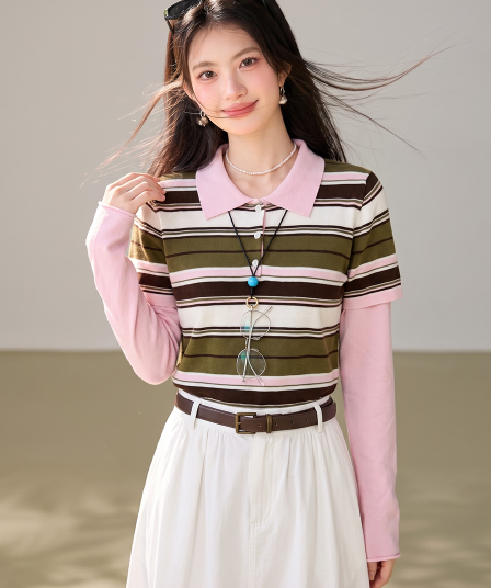 실사 있음 2026 배색 스트라이프 POLO 칼라 페이크 레이어드 긴팔 티셔츠 여성 레트로 슬림해 보이는 만나는 맨위