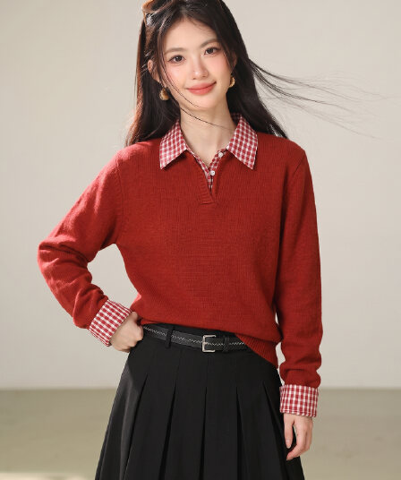 실사 빨간색 신년 착용 가져 가라. 체크무늬 패치워크 페이크 레이어드 스웨터 여성 겨울 인사이드 가져 가라. 만나는 니트 스웨터 맨위