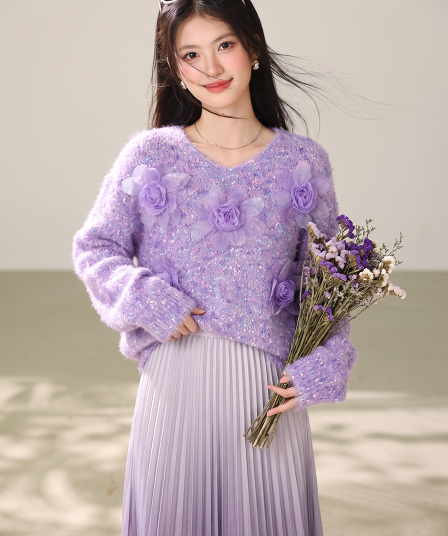 실사 부드러운 바람 Chic 보라색 3 차원 꽃 스웨터 여자 가을 겨울 모방 밍크 플리스 부드러운 찹쌀 니트 맨위