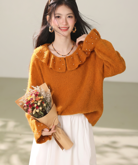실사 부드러운 느긋한 바람 나팔 소매 니트 스웨터 맨위 가을 부드러운 찹쌀 베이비 칼라 스웨터 여자