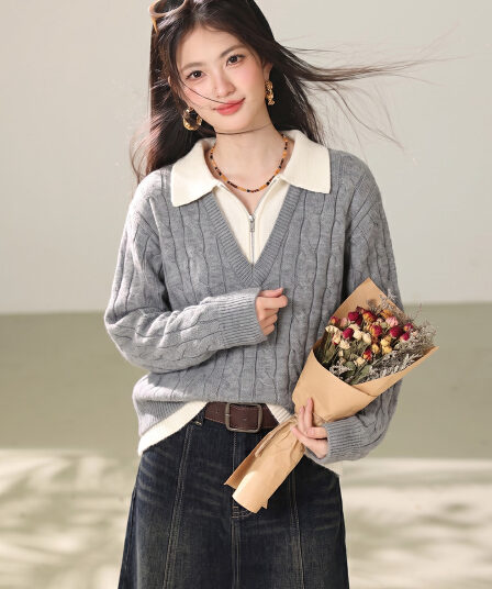 실사 고급 센스 하프 지퍼 페이크 레이어드 스웨터 여자 2026 가을 겨울 폴로 칼라 인사이드 가져 가라. 니트 스웨터 맨위