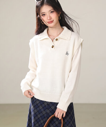 실사 불규칙 폴로 칼라 민소매 조끼 여자 이른 봄 새로운 디자인 센스 작은 대중 한 부서 스웨터 투피스 세트