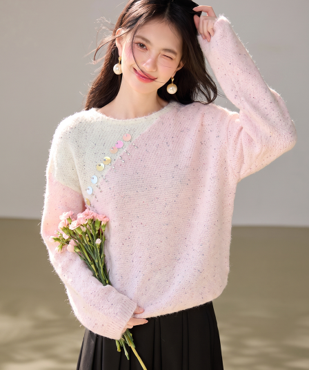 실사 고급 센스 달콤함 배색 비즈 박기 풀오버 스웨터 여자 가을 겨울 한 부서 부드러운 바람 부드러운 찹쌀 맨위