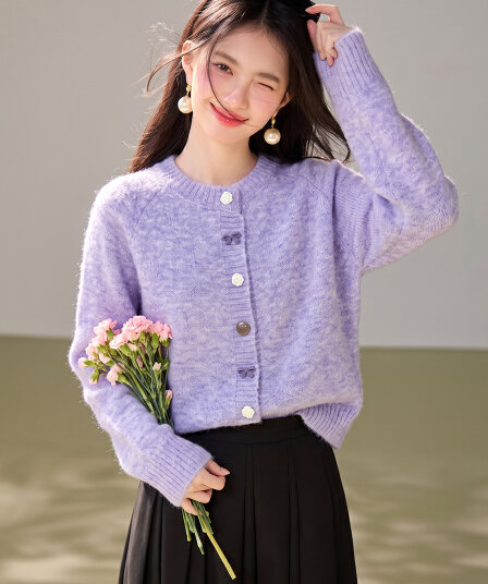 실사 있음 부드러운 바람 부드러운 찹쌀 보라색 긴팔 스웨터 여자 루즈핏 스택 착용 루즈핏 니트 오픈 가디건 맨위