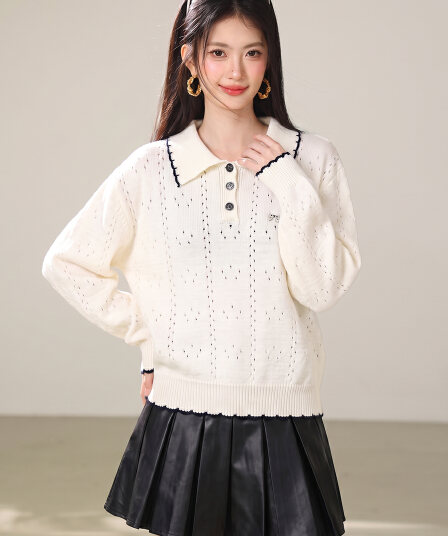 실사 달콤함 나비 매듭 자수 이른 가을 새로운 배색 POLO 칼라 홀로우 아웃 니트 스웨터 부드러운 찹쌀 프로 피부 맨위