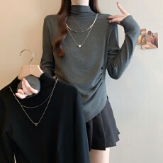 批发实拍大码半高领内搭打底衫女<b class='q'>秋</b>冬不规则chic长袖纯欲灰色修身上衣