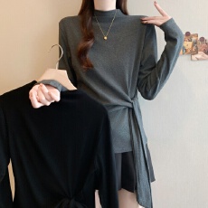 批发实拍大码洋气半高领显瘦长袖t恤内搭打底衫秋<b class='q'>冬</b>胖mm绑带收腰上衣