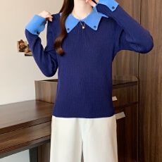 批发实拍大码秋冬POLO翻领拼色假两件修身打底内搭长袖毛针织衫上衣女