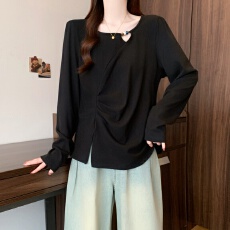 批发实拍大码女装<b class='q'>秋</b>冬新款设计感宽松圆领长袖收腰褶皱开叉T恤上衣