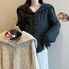 实拍大码毛衣外套女秋冬新款宽松慵懒风翻领外穿上衣厚针织开衫潮