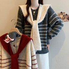 实拍大码带披肩开衫毛衣外套女秋冬软糯圆领短款条纹针织衫两件套