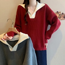 批发实拍大码复古时尚拼接翻领撞色毛衣女秋<b class='q'>冬</b>胖mm宽松遮肉百搭针织衫