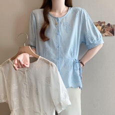 批发新款休闲百搭圆领<b class='q'>短袖</b>刺绣<b class='q'>衬衫女</b>棉料宽松系绳收腰上衣小衫潮