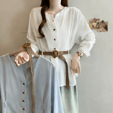 批发实拍大码 送腰带V领长袖衬衫女收腰打底上衣 短袖A3116 长袖A3117