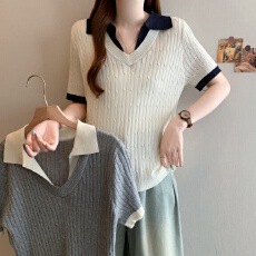 批发实拍大码 设计感翻领假两件短袖针织衫女夏季显瘦百搭t恤上衣