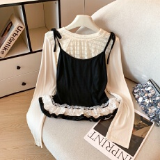 批发2025秋冬打底女假两件花边蕾丝吊带针织衫休闲波点长裤两件套甜美