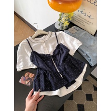 批发甜美<b class='q'>波点</b>系带背心木耳边短袖<b class='q'>衬衫</b>两件套女夏季新款小个子叠穿上衣