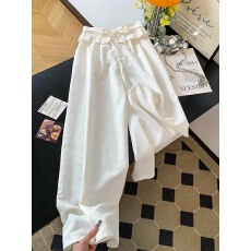 批发温柔风蓝色荷叶边高腰阔腿休闲裤女夏季宽松显瘦百搭垂感直筒<b class='q'>长裤</b>