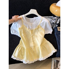 批发<b class='q'>甜美</b>风吊带假两件泡泡袖衬衫女2026夏季新款减龄超好看娃娃衫上衣