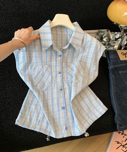 미니멀리즘 펌프 로프 여름 새로운 디자인 센스 작은 대중 체크무늬 POLO 칼라 반팔 여성 셔츠 루즈핏 고급 센스 맨위