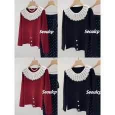 批发手工<b class='q'>蕾丝</b>钩花娃娃领收腰显瘦下摆开叉设计毛衣打底长袖小衫女