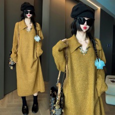 批发MRS SHAO复古v领长款毛衣女装<b class='q'>秋</b>冬2025新款宽松休闲慵懒风上衣裙