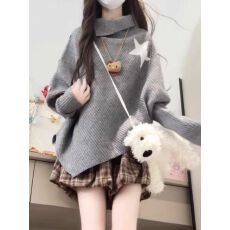 批发早秋复古懒散风时尚<b class='q'>不规则</b>套头灰色宽松毛衣女学生斗篷高领<b class='q'>针织衫</b>