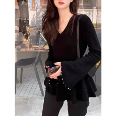 批发<b class='q'>大码</b>法式V领喇叭袖针织衫女2025秋冬新款胖mm显瘦高级感收腰上衣