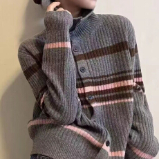 批发撞色<b class='q'>条纹</b>细羊毛针织开衫女欧洲站2025冬装新款欧货女装毛衣外套潮