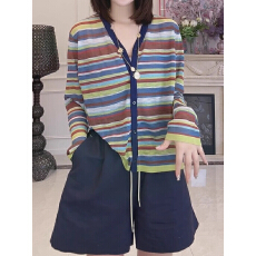 批发撞色条纹冰丝针织<b class='q'>衫</b>女2025新款夏季薄款小外搭防晒开<b class='q'>衫</b>罩<b class='q'>衫</b>上衣女