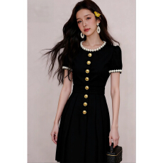 批发法式轻奢高级感名媛千金风气质黑色圆领<b class='q'>钉珠</b>收腰拼接百褶<b class='q'>连衣裙</b>女