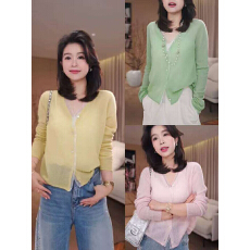 批发黄色竹节麻针织开衫女春夏薄款罩衫2026新款韩系宽松外搭<b class='q'>长袖</b>上衣