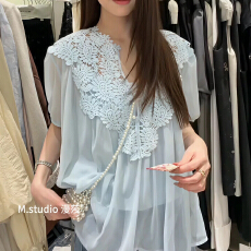 批发设计感小众v领蕾丝衫拼接夏季韩版宽松内搭纯色 背心衬衫女两件套