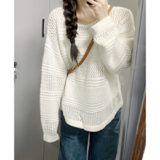 批发白色圆领镂空套头长袖针织衫女春秋季毛衣慵懒风薄款宽松罩衫上衣