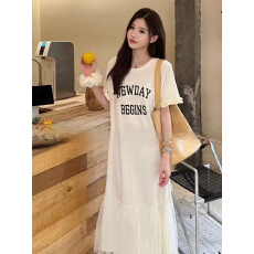 批发2026夏季新款大码<b class='q'>长款</b>气质网纱拼接短袖针织连衣裙