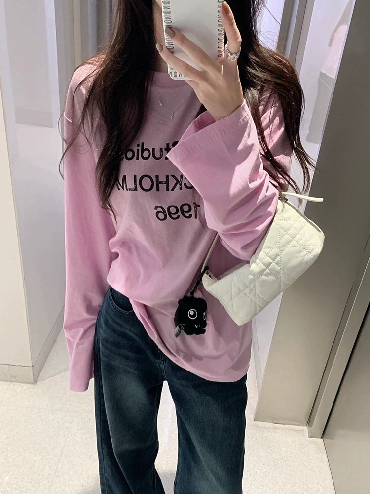 아메리칸 레트로 핑크색 알파벳 프린트 긴팔 티셔츠 블라우스 여성 여름 외부 가져 가라. 루즈핏 Tulle 맨위 에어컨 셔츠
