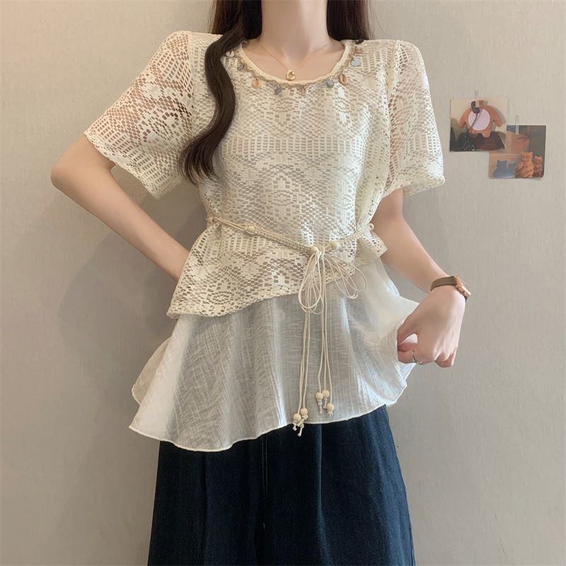 2026 웨이브 놀이 부서 자수 홀로우 아웃 반팔 레이스 셔츠 맨위 여성 여름 페이크 레이어드 표지 배 셔츠