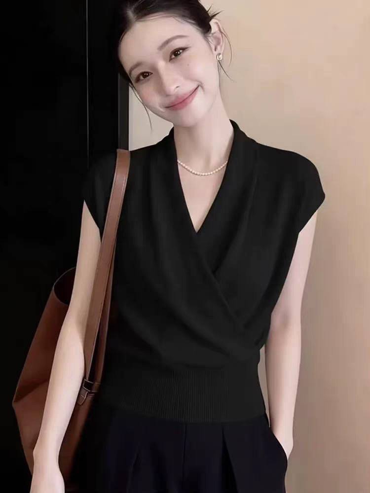 불규칙 십자가 V넥 검정색 반팔 티셔츠 여성 여름 얇은 스타일 작은 대중 아니요 명중 섹션 얼음 실크 니트 반팔 맨위