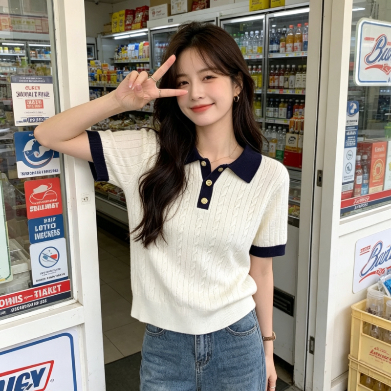 한 부서 얼음 실크 POLO 셔츠 티셔츠 여성 여름 얇은 스타일 작은 키 꽈배기 니트 반팔 쇼트 스타일 폴로 칼라 맨위