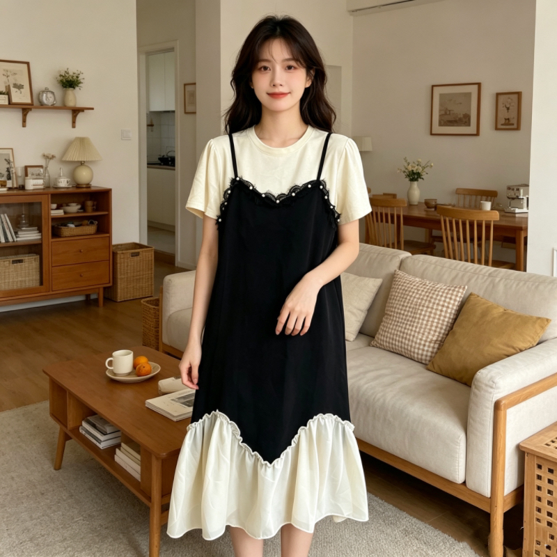 빅 사이즈 여성 의류 2026 여름 새로운 지방 mm 조개 술 패션 빛 럭셔리 품격 패치워크 슬림해 보이는 중간 길이 드레스
