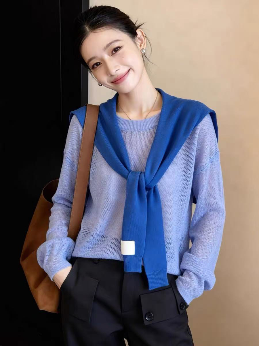 작은 대중 슈퍼 잘 생긴 홀로우 아웃 얇고 가벼운 태양 보호 셔츠 여름 패션 디스플레이 화이트 긴팔 니트 스웨터 숄 아름다운 작은 셔츠 여성
