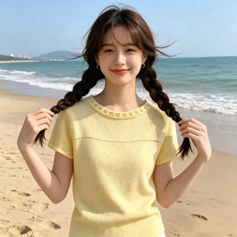 디자인 센스 홀로우 아웃 레이스 라운드 넥 반팔 니트 스웨터 여성 출퇴근 슬림해 보이는 다용도 품격 맨위