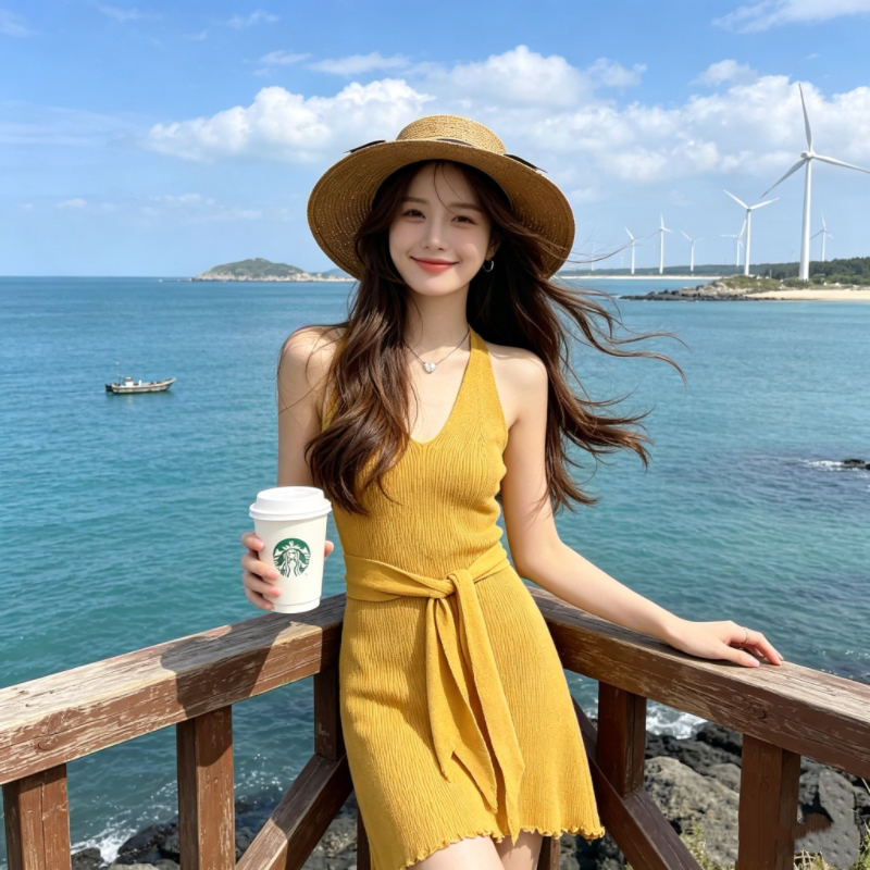 순수한 욕망 바람 행침 목 V넥 니트 여성 드레스 여름 허리 수축 레이스업 타이트 스커트 미니 스커트 섹시함 핫걸 몸매 가꾸기 디스플레이