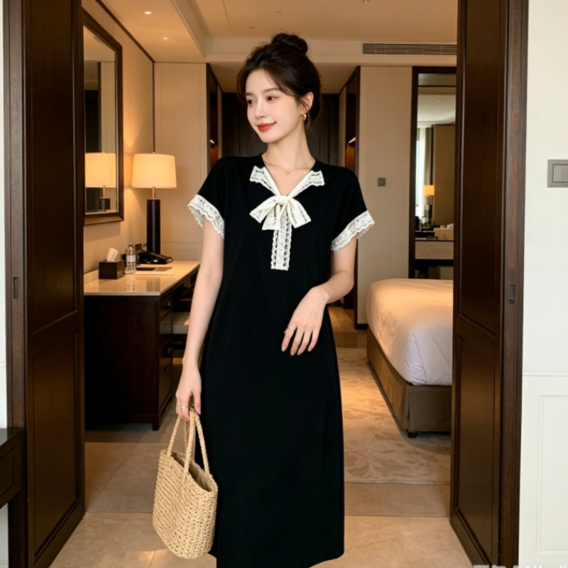 프랑스식 레이스 나비 매듭 반팔 니트 여성 드레스 여름 부드러운 바람 V넥 중간 길이 스커트 루즈핏 슬림해 보이는